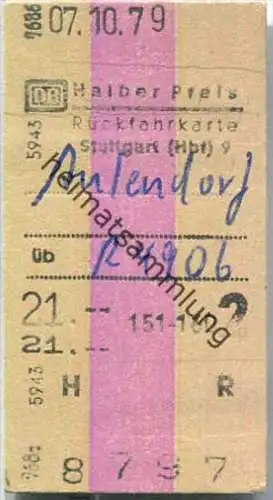 Rückfahrkarte Halber Preis - Stuttgart Hbf 9 nach Aulendorf - Fahrkarte 2. Klasse 21,00 DM 1979