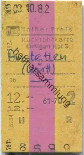 Rückfahrkarte Halber Preis - Stuttgart Hbf 3 nach Amstetten - Fahrkarte 2. Klasse 12,00 DM 1982