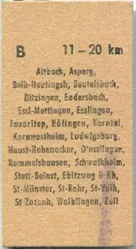 Rückfahrkarte - Stuttgart Hbf 17 nach Altbach oder Asperg - Fahrkarte 2. Klasse 1,20 DM 1975
