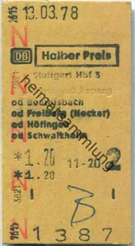 Fahrkarte Halber Preis - Stuttgart Hbf 3 nach Altbach oder Asperg - Fahrkarte 2. Klasse 1,20 DM 1978