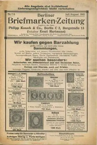 Berliner Briefmarken-Zeitung - Nr. 7/8 Juli/August 1941 - Verlag Phillip Kosack & Co. (Inhaber Ernst Hartmann)