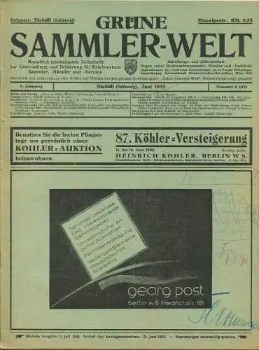 Grüne Sammler-Welt - monatliche Briefmarken-Zeitschrift - 6. Jahrgang Juni 1935 Nummer 6