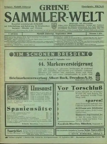 Grüne Sammler-Welt - monatliche Briefmarken-Zeitschrift - 6. Jahrgang September 1935 Nummer 9