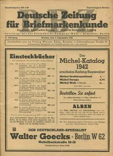 DBZ - Deutsche Zeitung für Briefmarkenkunde 17. Jahrgang September 1941 Nummer 17