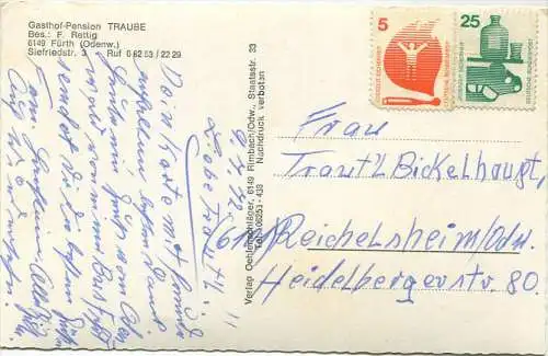 Fürth - Gasthaus Traube Siegfriedstr. 3 - Besitzer F. Rettig - Foto-AK - Verlag Oehlenschläger Rimbach - Rückseite besch