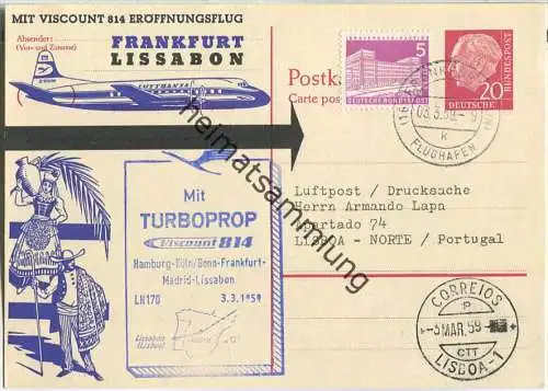 Luftpost Deutsche Lufthansa - Eröffnungsflug Frankfurt (Main) - Lissabon am 3.März 1959 - Postkarte mit Zudruck