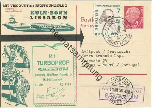 Luftpost Deutsche Lufthansa - Eröffnungsflug Köln/Bonn - Lissabon am 3.März 1959 - Postkarte mit Zudruck