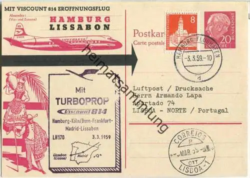 Luftpost Deutsche Lufthansa - Eröffnungsflug Hamburg - Lissabon am 3.März 1959 - Postkarte mit Zudruck