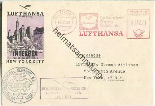 Luftpost Deutsche Lufthansa - Köln - Interpex New York am 27.Februar 1959 - Freistempel