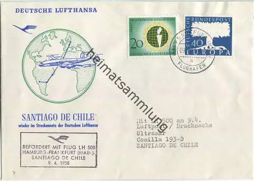 Luftpost Deutsche Lufthansa - Wiederaufnahme des Flugverkehrs Frankfurt (Main) - Santiago de Chile am  9.April 1958