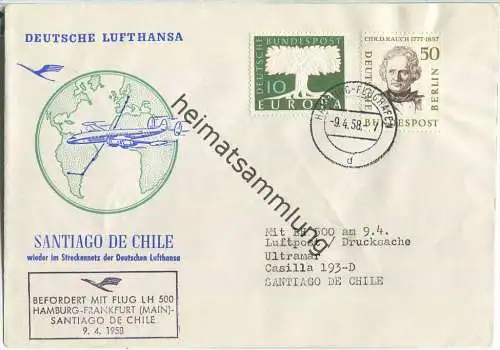 Luftpost Deutsche Lufthansa - Wiederaufnahme des Flugverkehrs Hamburg - Santiago de Chile am  9.April 1958