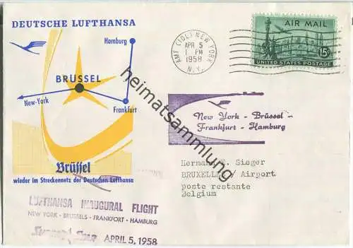 Luftpost Deutsche Lufthansa - Wiederaufnahme des Flugverkehrs New York - Brüssel am  5.April 1958