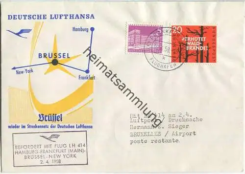Luftpost Deutsche Lufthansa - Wiederaufnahme des Flugverkehrs Frankfurt (Main) - Brüssel am  2.April 1958