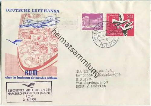 Luftpost Deutsche Lufthansa - Wiederaufnahme des Flugverkehrs Frankfurt (Main) - Rom am  2.April 1958