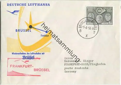 Luftpost Deutsche Lufthansa - Wiederaufnahme des Flugverkehrs Brüssel - Frankfurt (Main) am  1.April 1958