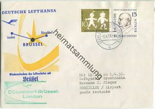 Luftpost Deutsche Lufthansa - Wiederaufnahme des Flugverkehrs Düsseldorf - Brüssel (London) am 7.Mai 1958