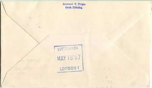 Luftpost Deutsche Lufthansa - Aufnahme des Nacht-Flugverkehrs Köln - London am 17.Mai 1957