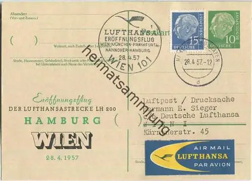 Luftpost Deutsche Lufthansa - Eröffnungsflug des Flugverkehrs Hamburg - Wien am 28. April 1957 - Ganzsache mit Zudruck