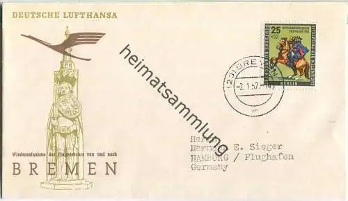 Luftpost Deutsche Lufthansa - Wiederaufnahme des Flugverkehrs Bremen - Hamburg am 2. Januar 1957