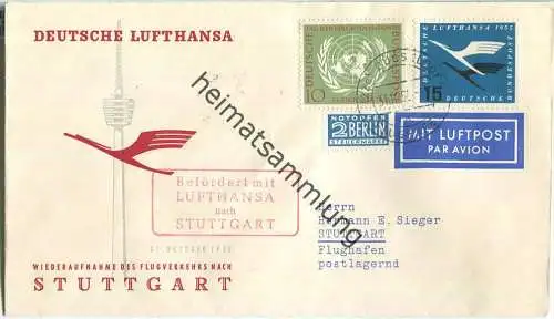 Luftpost Deutsche Lufthansa - Wiederaufnahme des Flugverkehrs Düsseldorf - Stuttgart am 31. Oktober 1955