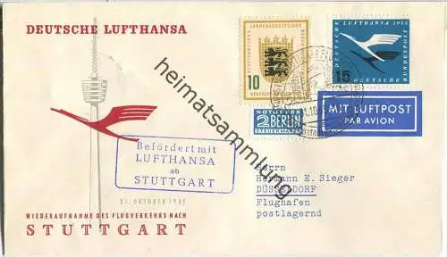 Luftpost Deutsche Lufthansa - Wiederaufnahme des Flugverkehrs Stuttgart - Düsseldorf am 31. Oktober 1955