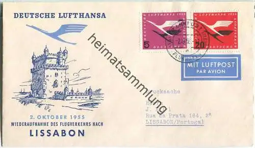 Luftpost Deutsche Lufthansa - Wiederaufnahme des Flugverkehrs Frankfurt / Main - Lissabon am 2. Oktober 1955