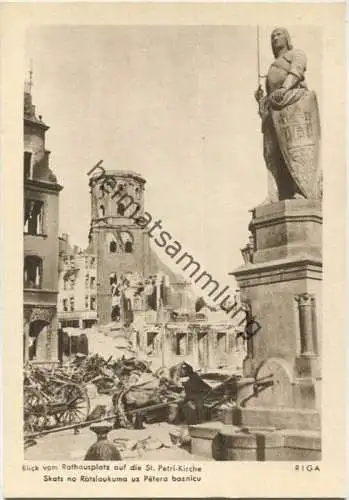 Riga - Blick vom Rathausplatz auf die zerstörte St. Petrikirche - Skats no Ratslaukuma uz Petera baznicu - AK-Grossforma