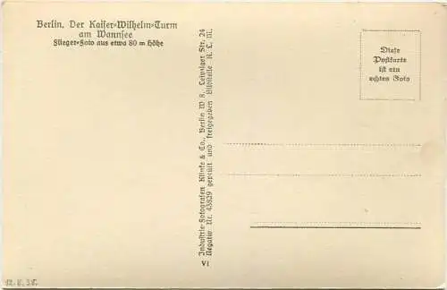 Berlin - Der Kaiser Wilhelm Turm am Wannsee 30er Jahre - Flieger Foto aus ca. 80m Höhe - Verlag Klinke & Co. Berlin
