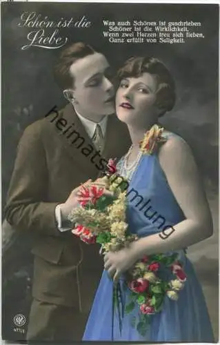 Schön ist die Liebe - Paar mit Blumen - handcolorierte Ansichtskarte - Verlag NPG 471/1