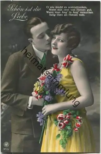 Schön ist die Liebe - Paar mit Blumen - handcoloriert - Verlag NPG 471/5
