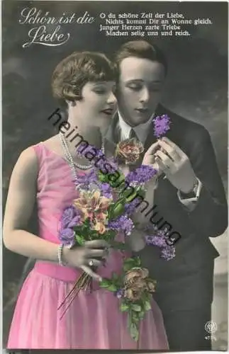 Schön ist die Liebe - Paar mit Blumen - handcoloriert - Verlag NPG 471/4