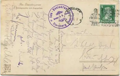 Am Starnbergersee - Gebirgskette mit Zugspitze - Verlag Richard Wörsching Starnberg gel. 1927