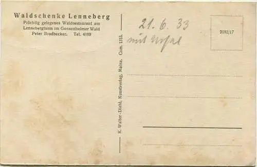 Lennebergturm - Waldschenke Lenneberg - Verlag K. Walter-Diehl Mainz 30er Jahre