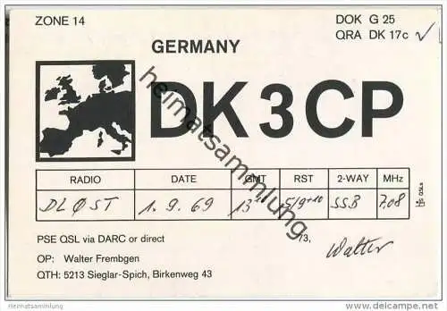 QSL - QTH - Funkkarte - DK3CP - Sieglar-Spich - 1969