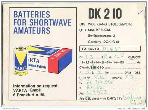 QSL - QTH - Funkkarte - DK2IO - Kreuzau - 1969