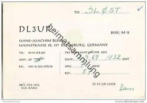 QSL - QTH - Funkkarte - DL3UR - Rendsburg - 1969