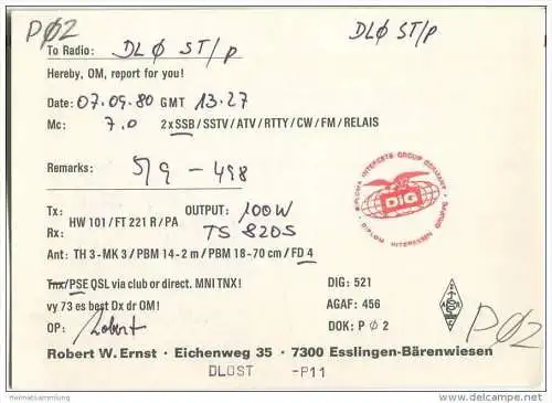 QSL - QTH - Funkkarte - DL2PR - Esslingen-Bärenwiesen - 1980