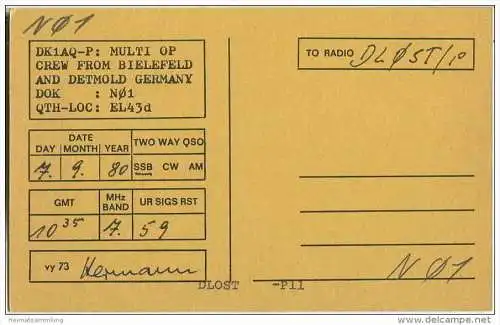 QSL - QTH - Funkkarte - DK1AQ-P - Bielefeld und Detmold - 1980