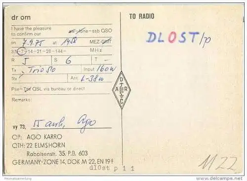 QSL - QTH - Funkkarte - DK7LT - Elmshorn - 1975