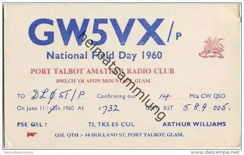 QSL - QTH - Funkkarte - GW5VX - Wales - Port Talbot - National Field Day 1960