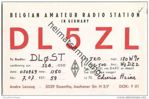 QSL - QTH - Funkkarte - DL5ZL - Marsberg-Essentho - 1969