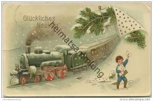 Neujahr - Eisenbahn im Schnee - Golddruck