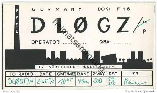 QSL - QTH - Funkkarte - DL0GZ - Mörfelden - 1972