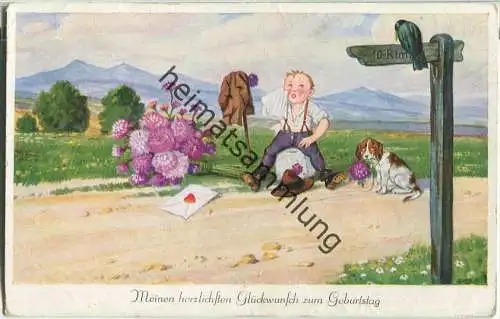 Meinen herzlichen Glückwunsch zum Geburtstag - Junge mit Hund - Blumen