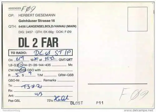 QSL - QTH - Funkkarte - DL2FAR - Langenselbold - 1970