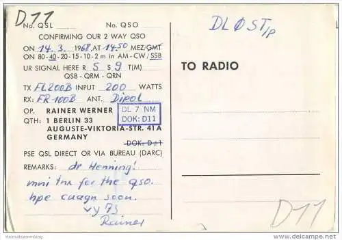 QSL - QTH - Funkkarte - DL7NM- Berlin-Schmargendorf - 1968