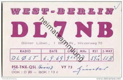 QSL - QTH - Funkkarte - DL7NB - Berlin-Mariendorf - 1969