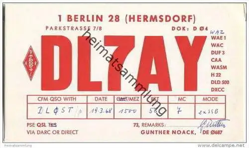 QSL - QTH - Funkkarte - DL7AY - Berlin-Hermsdorf - 1968