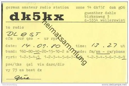 QSL - QTH - Funkkarte - DK5KX - Weilerswist - 1980