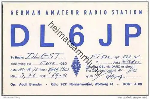 QSL - QTH - Funkkarte - DL6JP - Nonnenweier - Schwanau - 1970